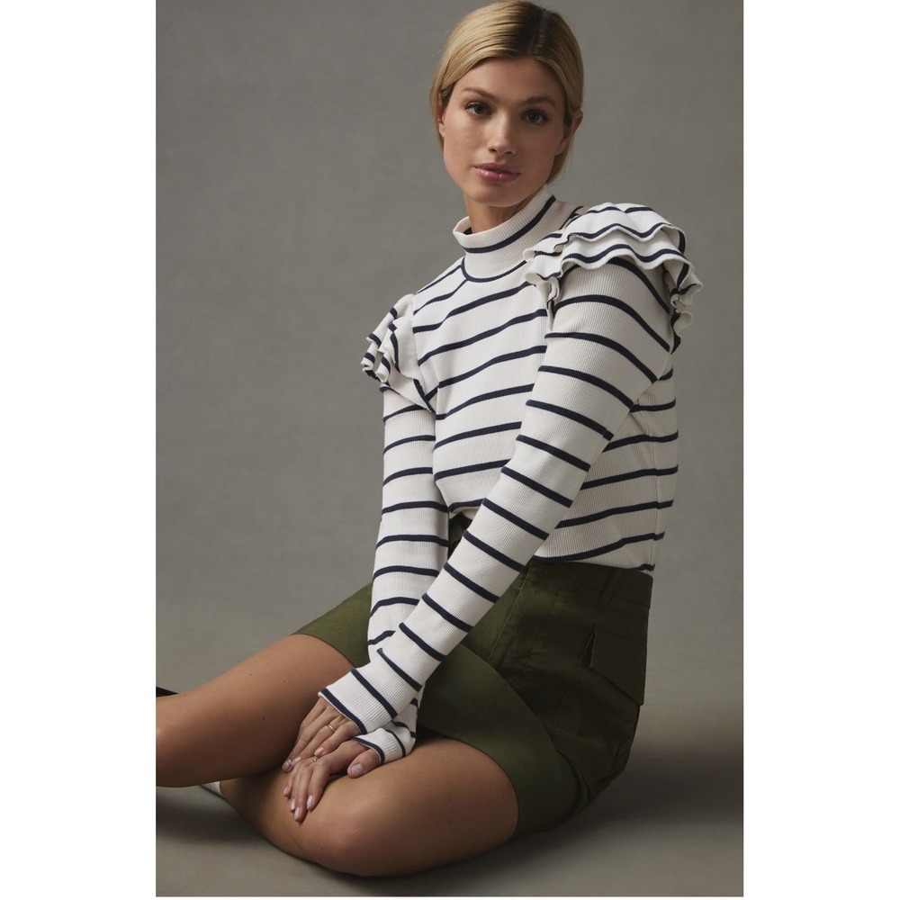 Anthropologie T.la Shirt Womens XS White Navy Stripe Mock Neck Ruffle Sleeve Top